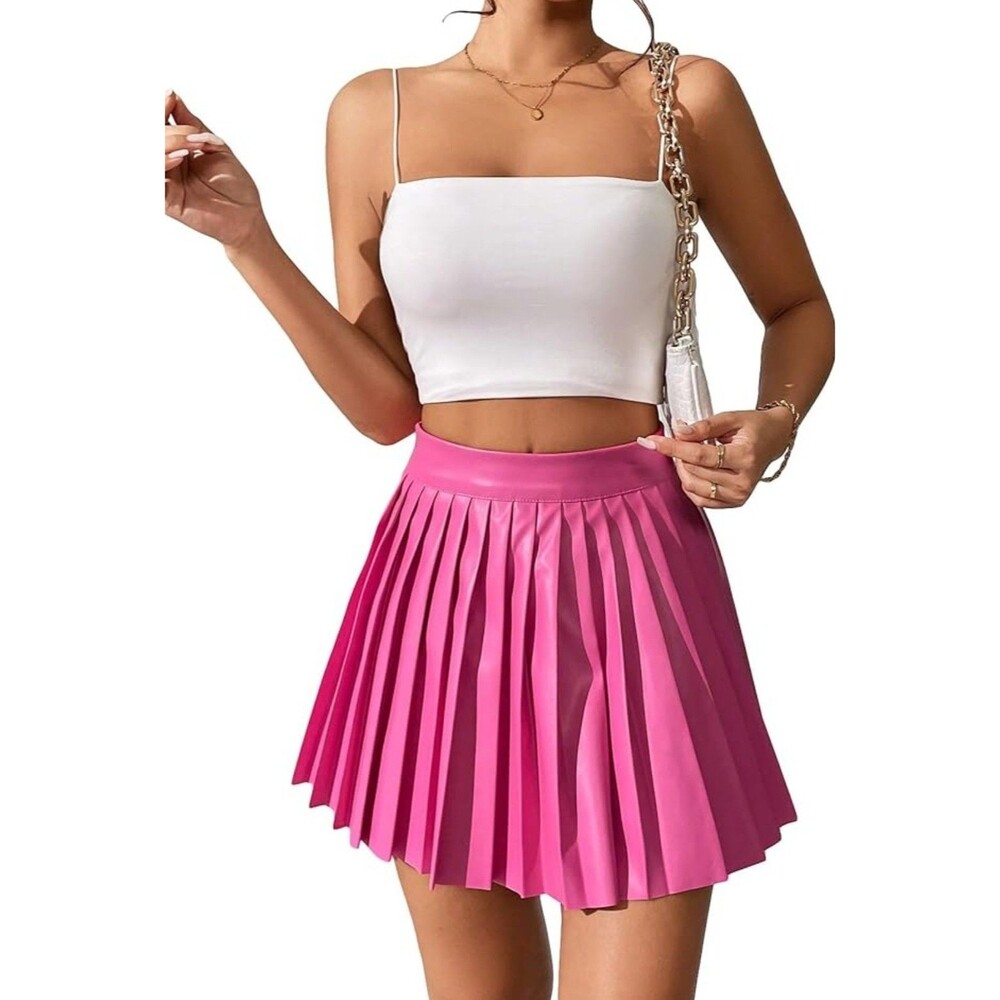 XS PINK High Waist Skater Mini Flared Pleated Skirt Short Tennis Pencil Skirt B2 - Picture 1 of 13